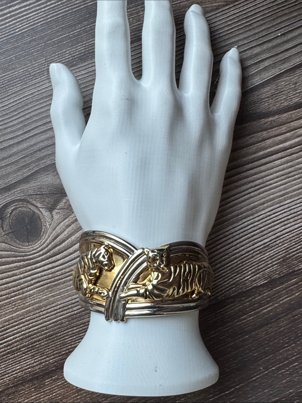 Vintage 80’s Tiger Clamper Cuff Bracelet  Two tone Gold Silver Statement